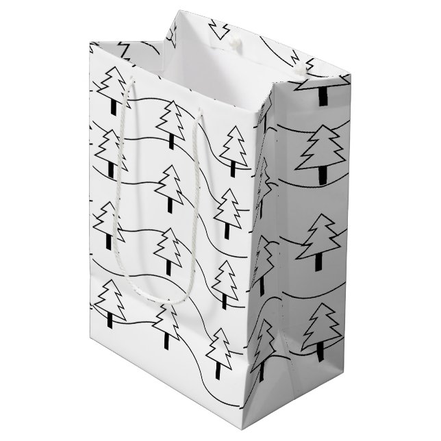 Black and White Wavy Stripe Christmas Tree Pattern Medium Gift Bag (Front Angled)