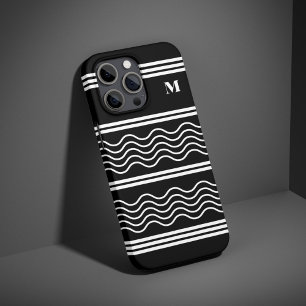 Black and White Wavy Stripes Pattern Monogram iPhone 16 Pro Case