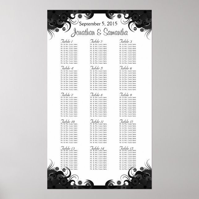 Black and White Wedding 15 Tables Seating Charts (Front)
