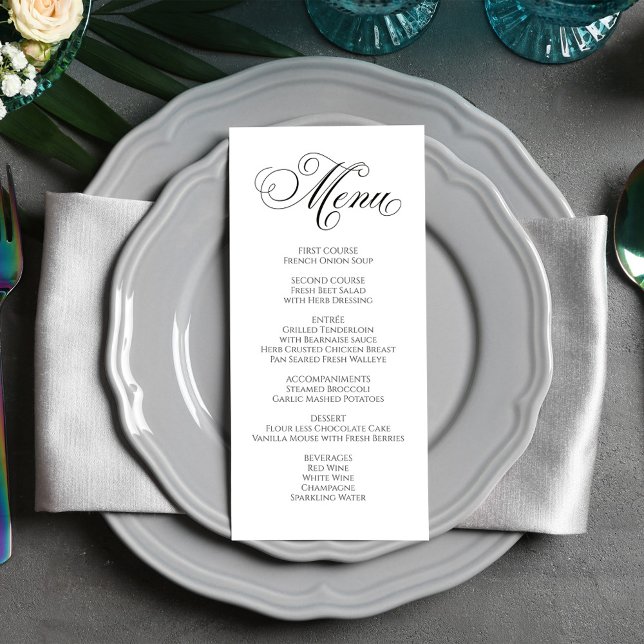 Black and White Wedding Calligraphy Dinner Menu (Elegant calligraphy script wedding reception menu card. )