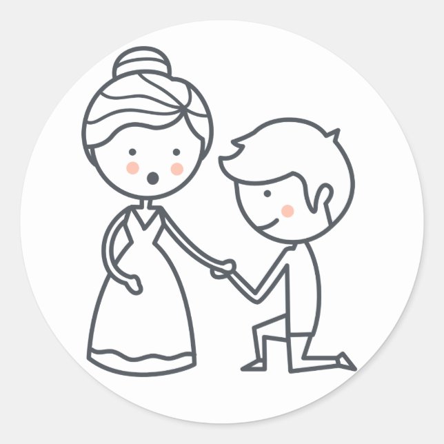 Black And White Wedding Cartoon Bride & Groom Classic Round Sticker (Front)
