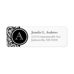 Black And White Wedding Damask Monogram Labels