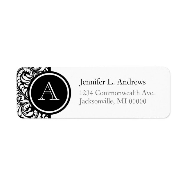 Black And White Wedding Damask Monogram Labels (Front)