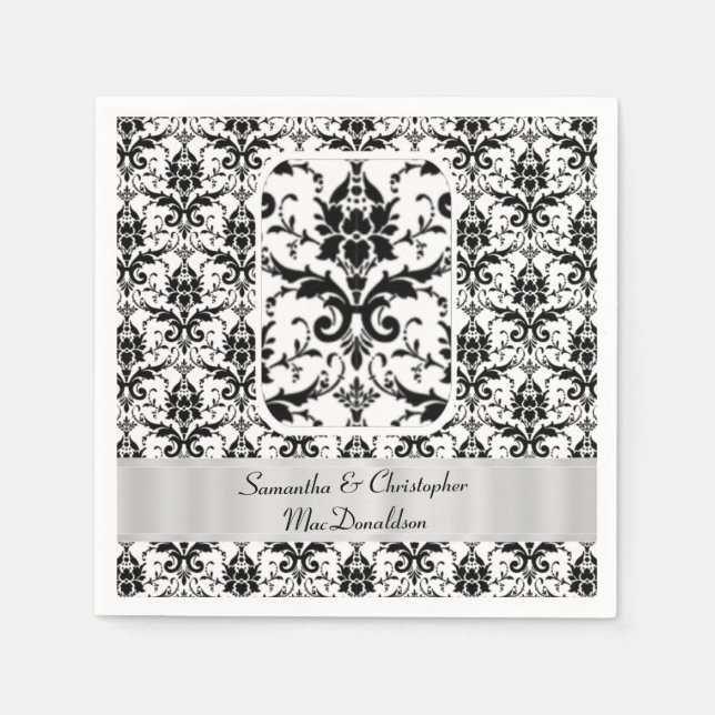 Black and white wedding damask pattern napkin (Front)