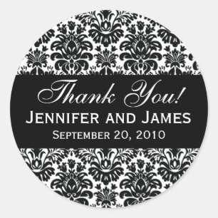 Black and White Wedding Damask Thank You Label