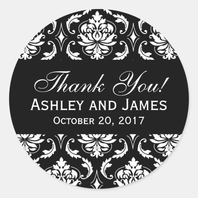 Black and White Wedding Damask Thank You Label (Front)
