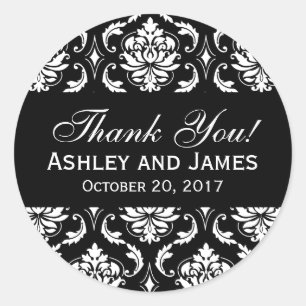 Black and White Wedding Damask Thank You Label