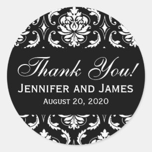 Black and White Wedding Damask Thank You Label