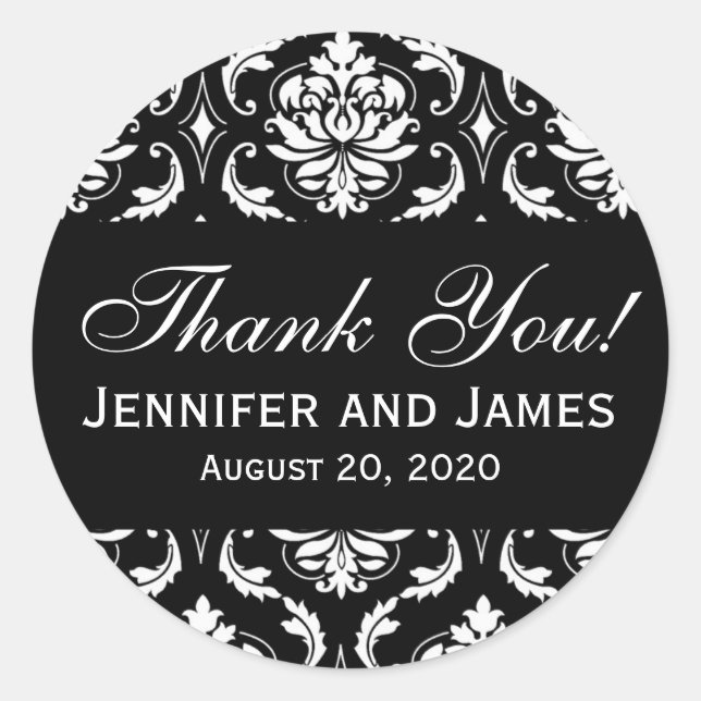 Black and White Wedding Damask Thank You Label (Front)