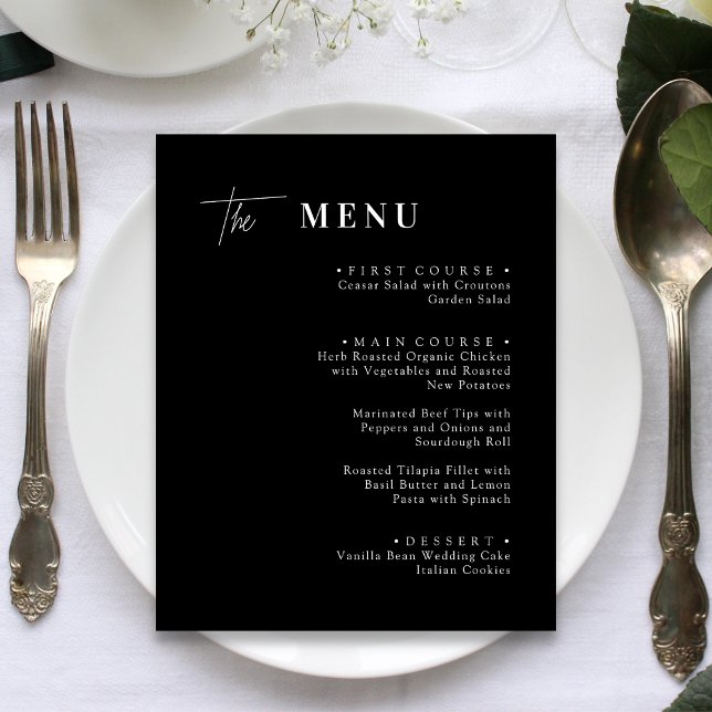 Black and White Wedding Dinner Menu Cards (Black and white wedding dinner menu cards add timeless elegance and guide guests through your meal.)