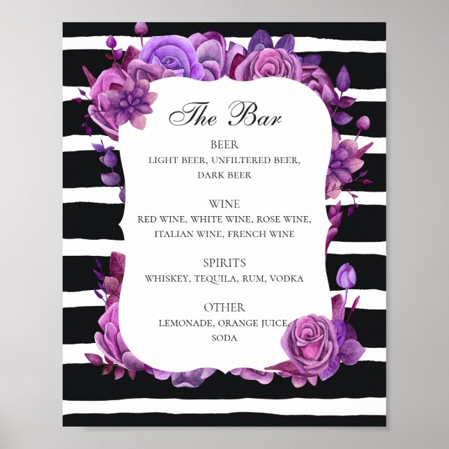 Black and white wedding drinks bar. Purple floral Poster (Front)