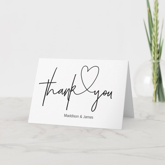 Black and White Wedding Engagement Heart Thank You Card (Front)