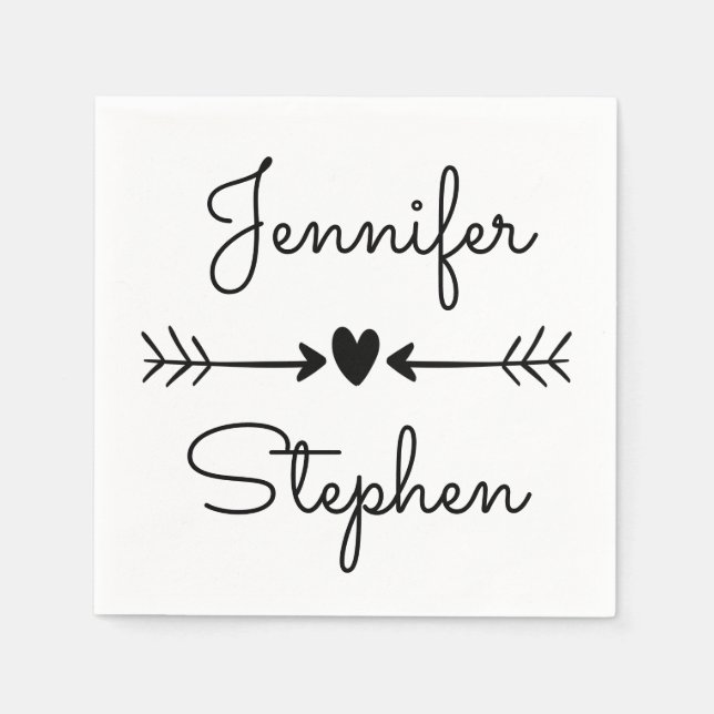 Black And White Wedding Heart & Love Arrows Napkin (Front)