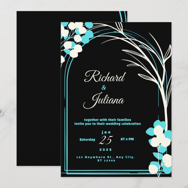 Black and white wedding invitation with blue flowe (Front/Back)