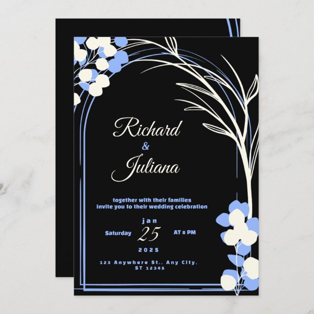 Black and white wedding invitation with blue flowe (Front/Back)