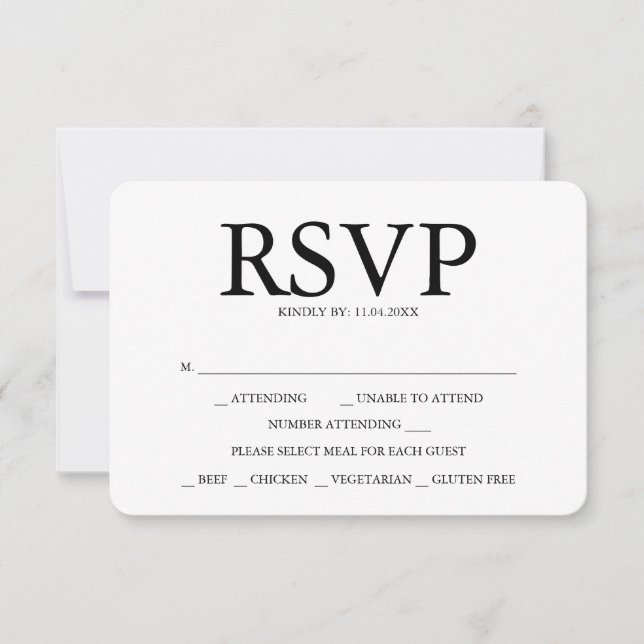 Black and White Wedding Meal Choice RSVP Cards (Front)