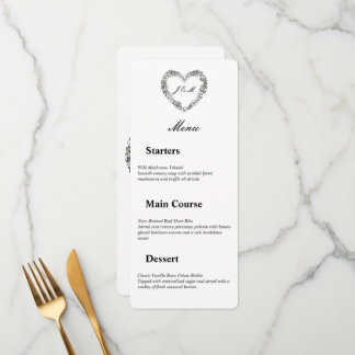 Black and white wedding menu with floral heart