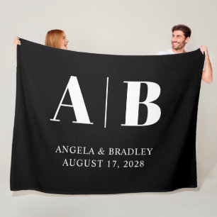 Black and White Wedding Monogram Fleece Blanket