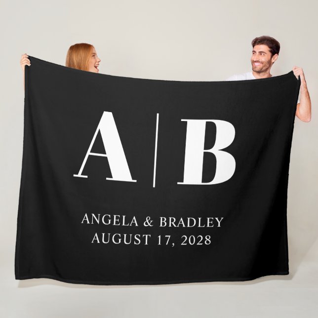 Black and White Wedding Monogram Fleece Blanket (In Situ)