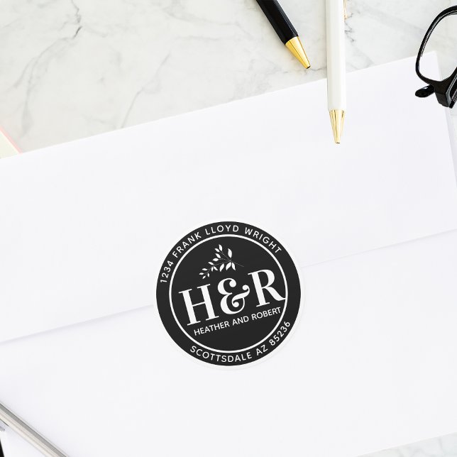 Black And White Wedding Monogram Return Address Classic Round Sticker (Creator Uploaded)