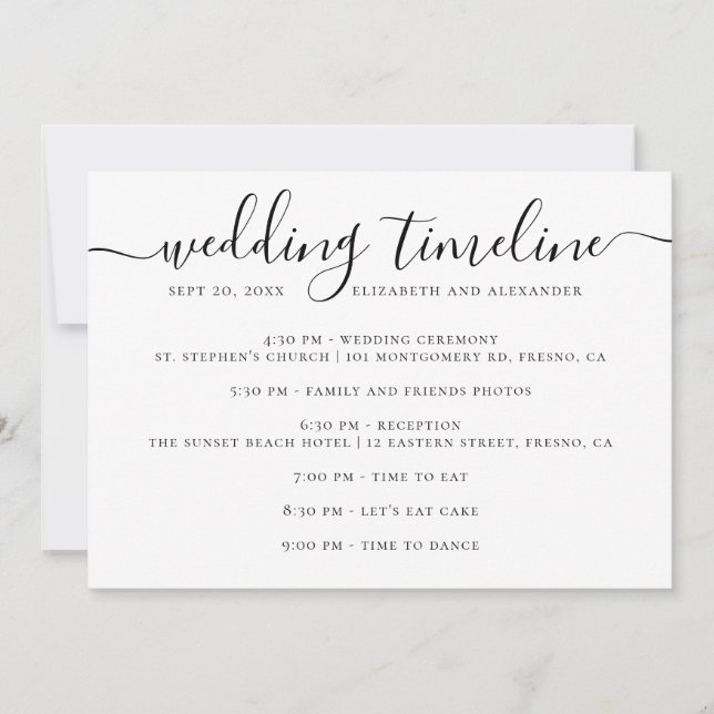 Black and white wedding party timeline script invitation (Front)