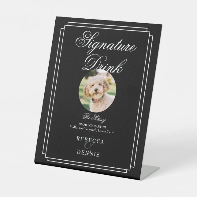 Black And White Wedding Pet Signature Drink Pedestal Sign (Front)