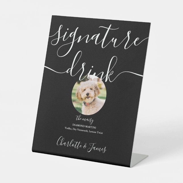 Black And White Wedding Pet Signature Drink Pedestal Sign (Front)
