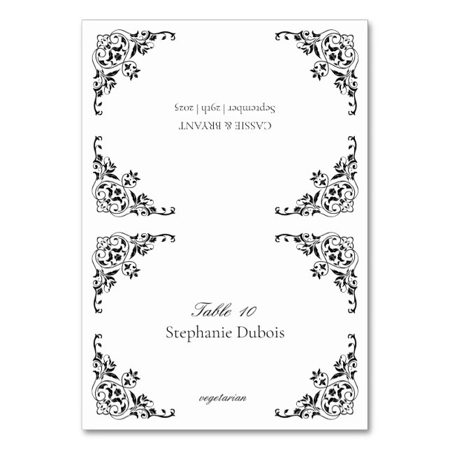Black and White Wedding Place Cards Meal Choice (Front)
