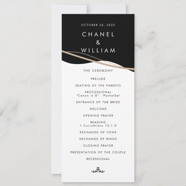 black and white wedding program invitation (Front)