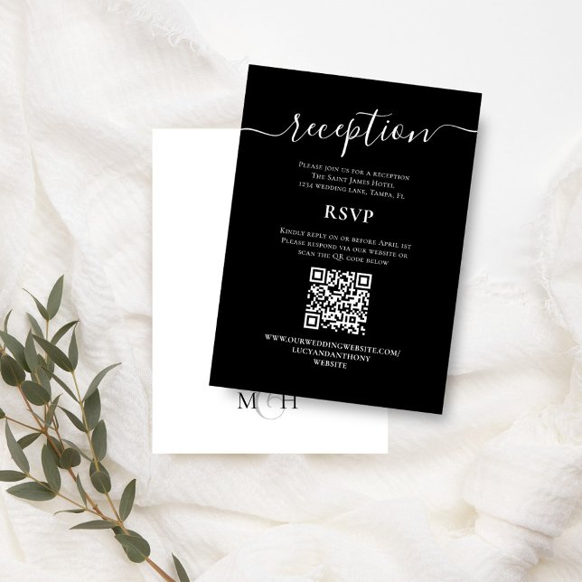 Black and White Wedding Reception RSVP Enclosure Card (Simple black and white reception and RSVP card with QR Code. )
