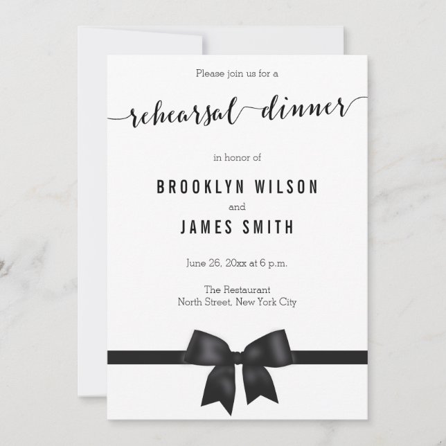 Black And White Wedding Rehearsal Invitations Bow (Front)