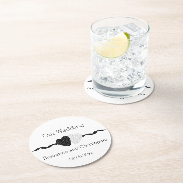 Black And White Wedding Round Paper Coaster (Insitu)
