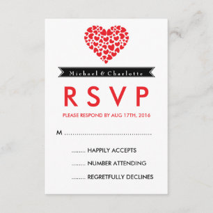 Black and White Wedding RSVP Card with Red Heart
