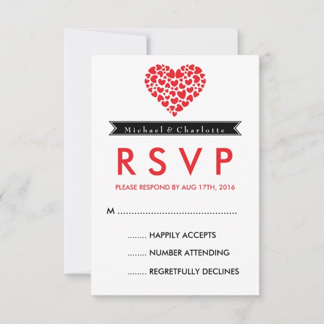 Black and White Wedding RSVP Card with Red Heart (Front)