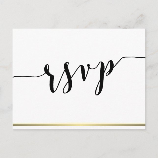 Black And White Wedding RSVP Postcards Gold Lines (Front)