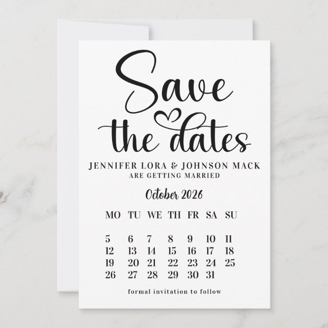 black and white wedding save the dates Calendar  Save The Date (Front)