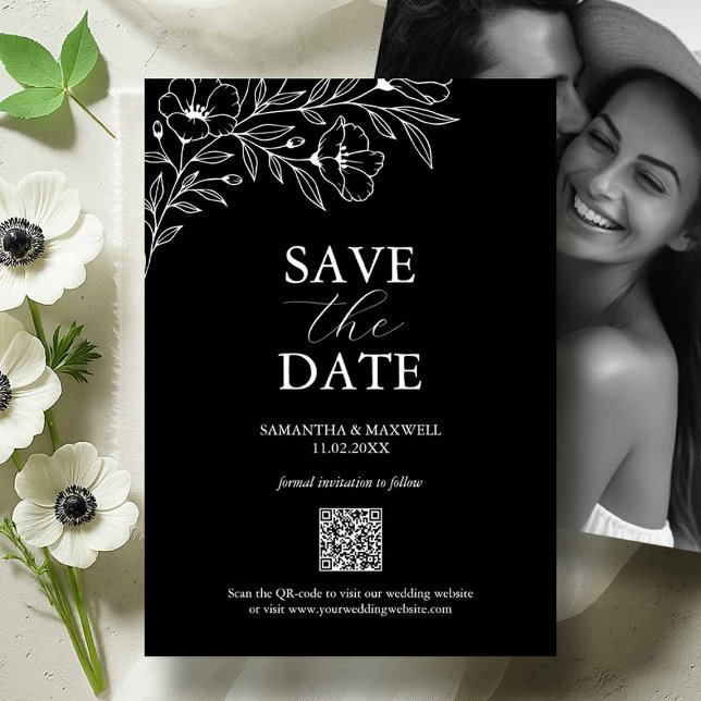 Black And White Wedding Save The Dates Date (Black and white wedding save the dates with photo and white anemone flowers by Do Tell A Belle)