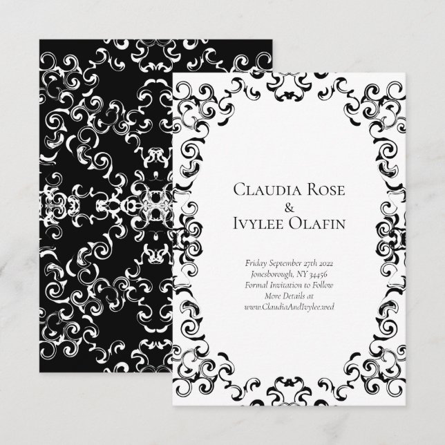 Black and White Wedding Swirls Invitation (Front/Back)