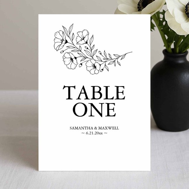 Black and White Wedding Table Number Cards (Black and white wedding table cards modern elegant floral line art by Victoria of Do Tell A Belle)