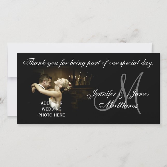 Black and White Wedding Thank You Monogram Card (Front)