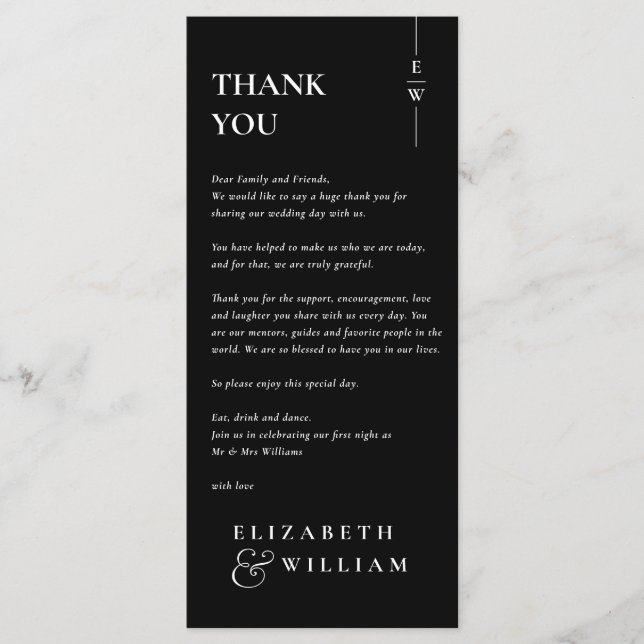 Black And White Wedding Thank You Place Card (Front)