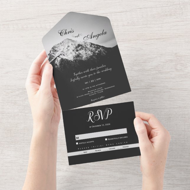 Black and white wedding under the mountains all in one invitation (Tearaway)