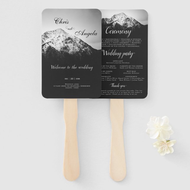 Black and white wedding under the mountains hand fan (Front and Back)