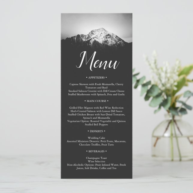 Black and white wedding under the mountains menu (Standing Front)