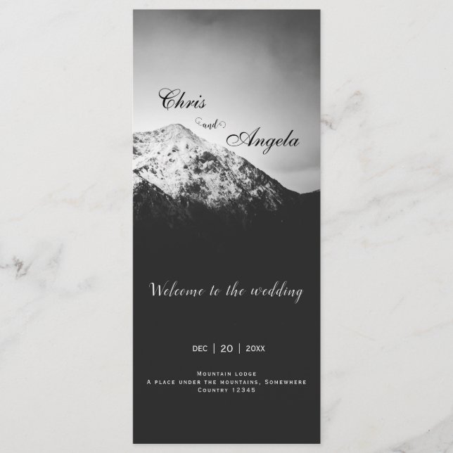 Black and white wedding under the mountains programme (Front)