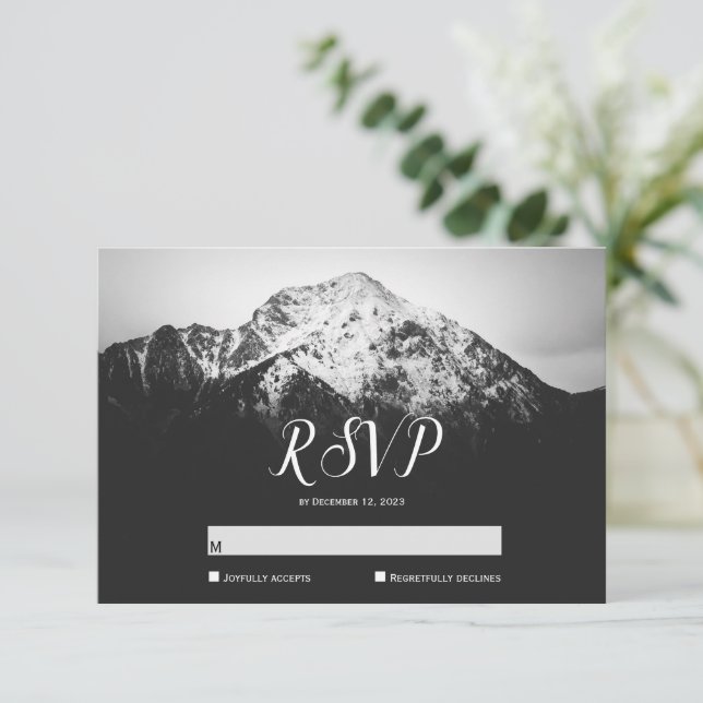 Black and white wedding under the mountains RSVP card (Standing Front)