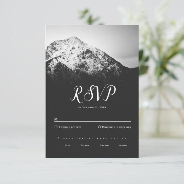 Black and white wedding under the mountains RSVP card (Standing Front)