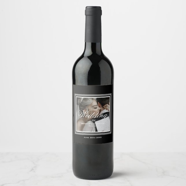 Black and white wedding wine label (Front)