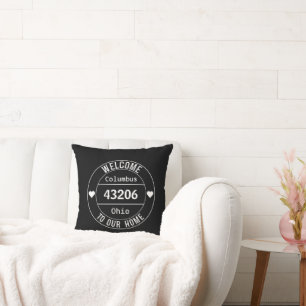 Black and White Welcome to Our Home Zip Code  Cushion