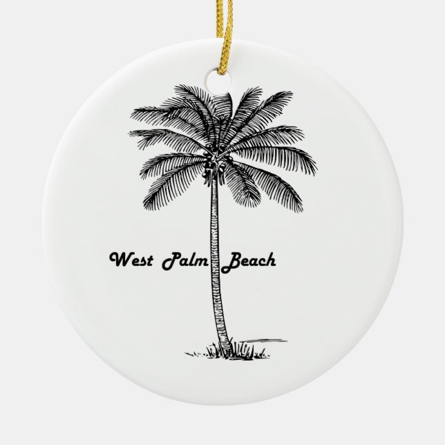 Black and white West Palm Beach & Palm design Ceramic Tree Decoration (Front)